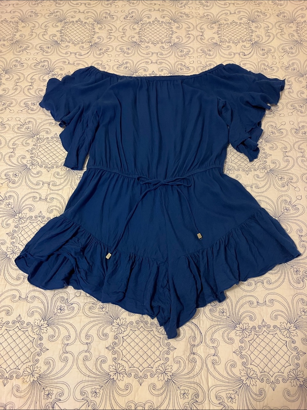 Women’s Off-Shoulder Ruffle Romper - Navy Blue